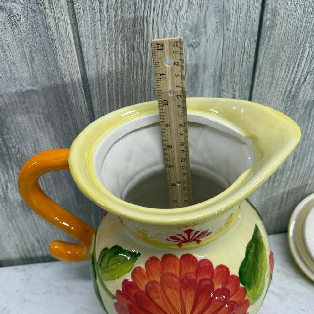 Hand Painted Ceramic Floral Pitcher with Lid Orange Flower Embossed Pottery